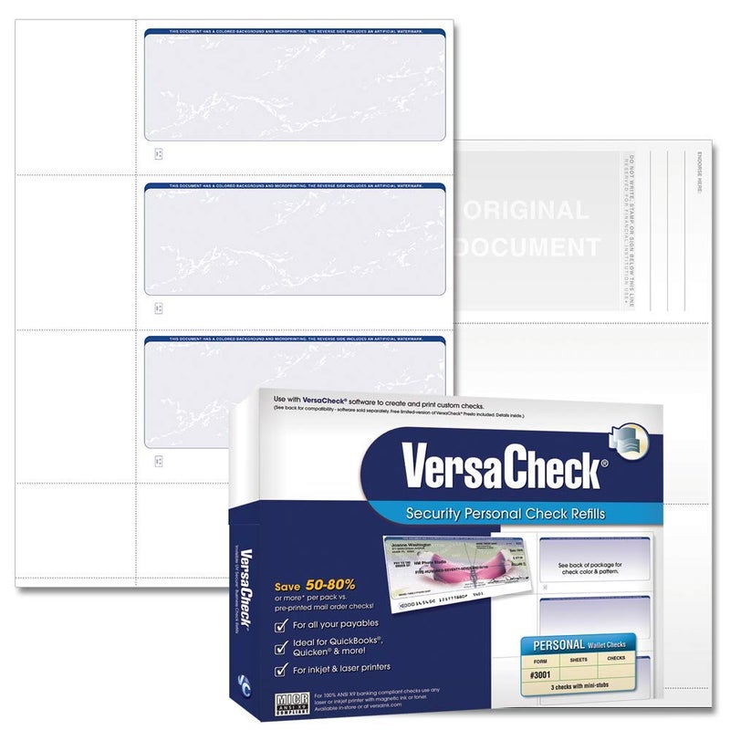 VersaCheck Secure Checks - 750 Blank Business or Personal Wallet Checks - Blue Prestige - 250 Sheets Form #3001-3 Per Sheet (31BP01-01255-4) - Image 1